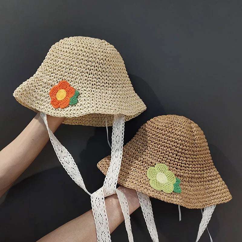 Fashion Lace Baby Hat Summer Straw Bow Baby Girl Cap Beach Children Panama Hat Princess Baby Hats and Caps for Kids 1PC