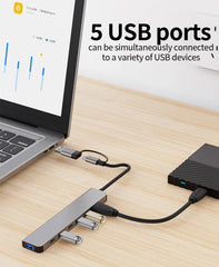 موزع USB C موزع USB 3.0، موسع USB 7 في 1 من الألومنيوم، موزع USB مع USB 3.0، 4 منافذ USB 2.0 و2 منفذ USB C موزع USB