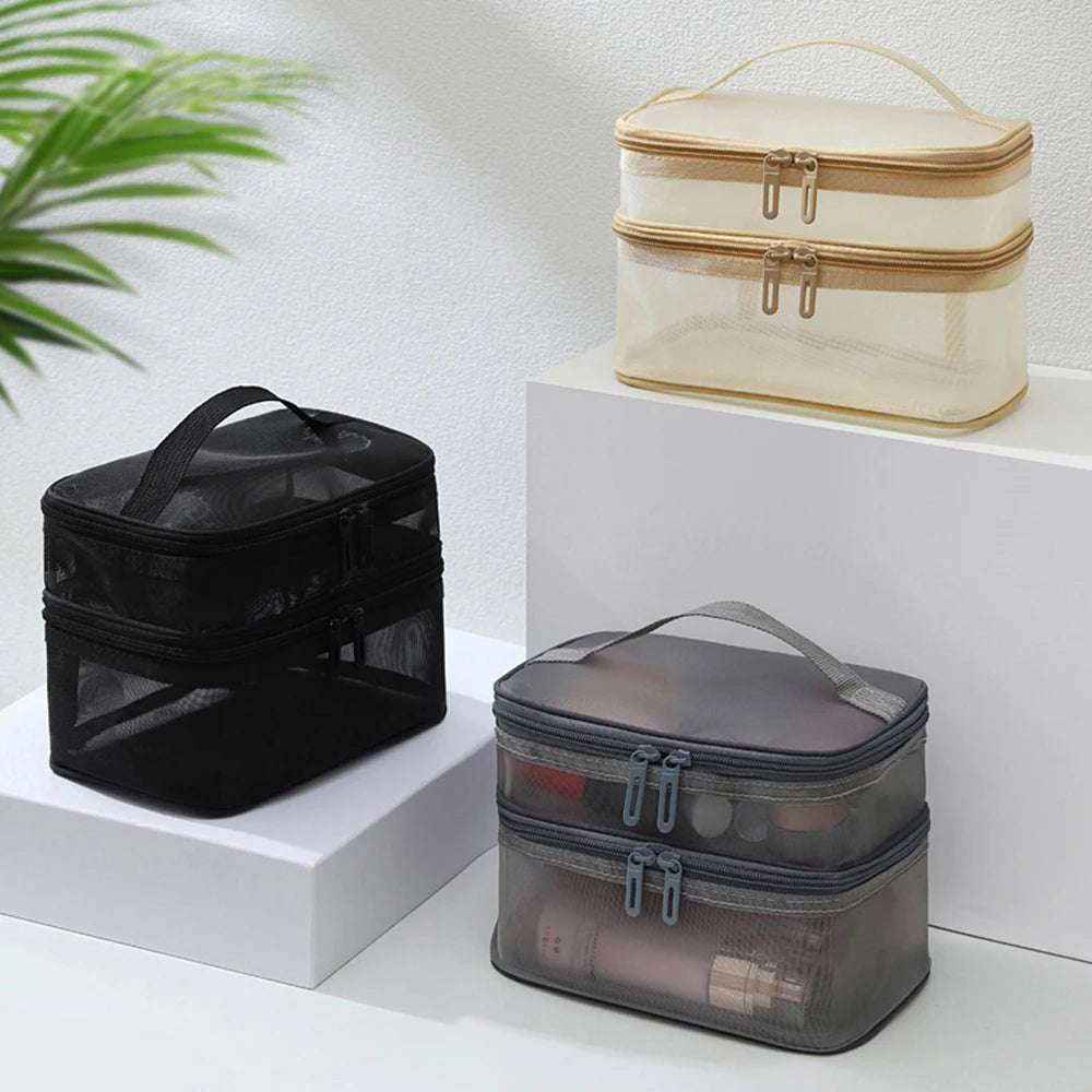 Double Layer Mesh Makeup Bag, Wash Bag, Women's Portable New Large Capacity Storage Bag, Cosmetics Storage Bag