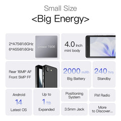 UNIWA Q9 Mini 4G Smartphone Android 14 Unisoc T606 4 Inch qHD 4GB RAM 64GB ROM Mobile Phone 2000mAh Face ID Small Cell Phone