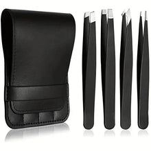 Black eyebrow tweezers set with large black leather-style storage pouch