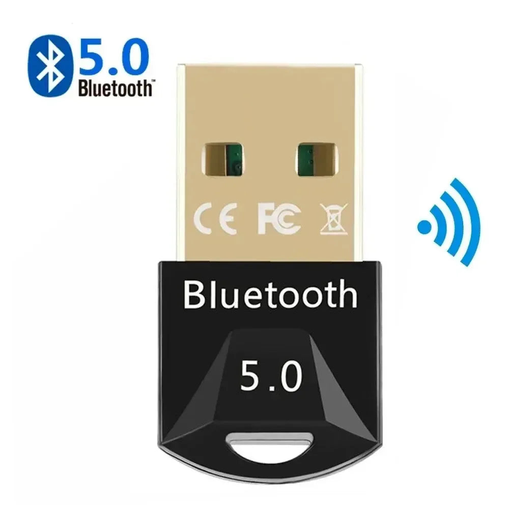 USB Bluetooth 5.0 adapter dongle, beige and black body with Bluetooth symbol