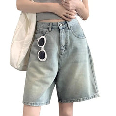 Denim Pants with Side Pockets Vintage High Waist Denim Shorts for Women Wide Leg Streetwear Jeans with Button Closure Zipper
