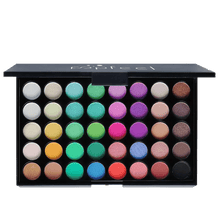 Black eyeshadow palette with multiple colored pans, single compact tray.