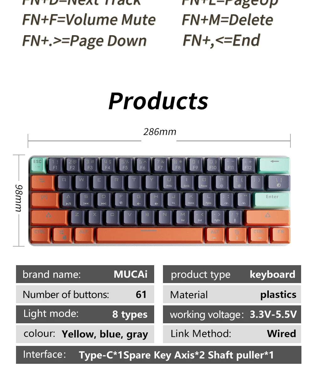 MUCAI MKA610 Mini Mechanical Gaming Keyboard 61-Key USB Wired Red Switch for PC Laptop with Detachable Cable Gamer-Friendly