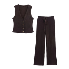 EDSA Women 2 Pcs Set V-Neck Single Breasted Solid Texture Casual Vest Top+High-Waisted Drawstring Wide Leg Pants