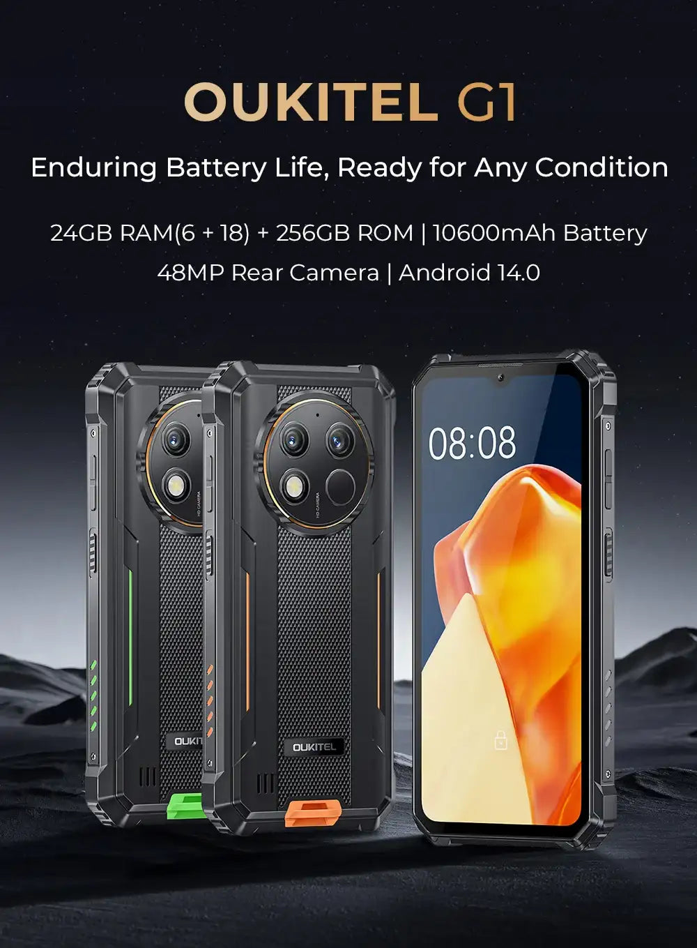 Oukitel G1 Rugged Smartphone Android 24GB (6+18)+256GB 10600mAh 6.52' HD Display NFC Rugged Phone