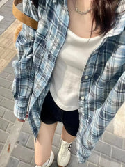 2024 New Blue Plaid irt Jaet Women's Loose Casual Meat Covering Middle Length irt Outerwear Trendy Forest System