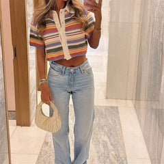 2024 Autumn European And American New Women's Fashion Casual Stripe Printed Short Sleeve Flip Collar Cardigan Casual Shorts Set