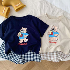 Cartoon Pattern Children Short Sleeved Suit T-shirt Outfits Summer Clothing Loose Fashion Casual Two Piece Set Plaid Shorts Set