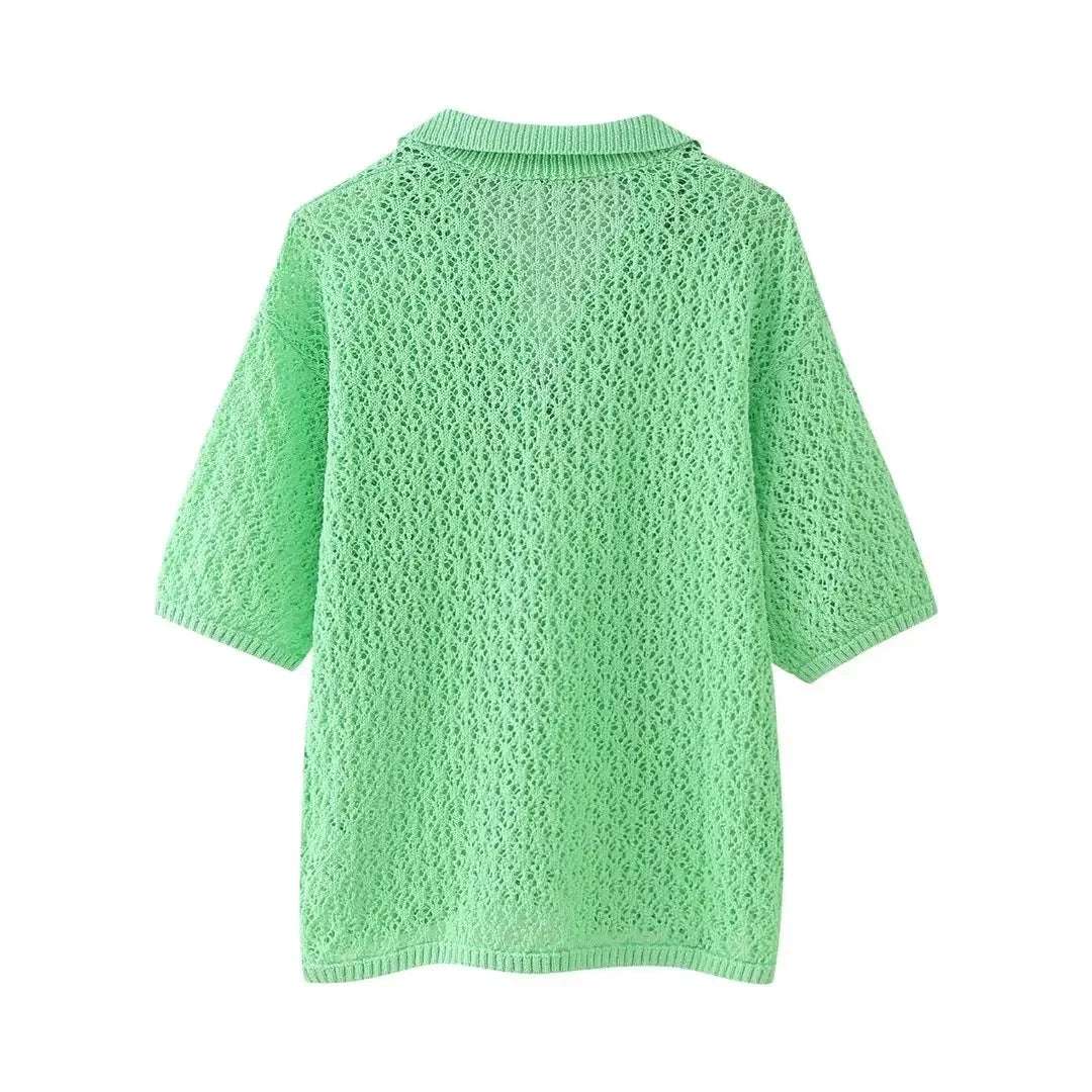 Women Fashion New Short Sleeve Jacquard Mesh Loose Polo Collar Sweater Pullover Tops Chic Female Knit Sweaters Mujer