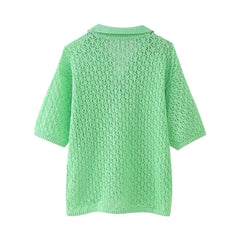 Women Fashion New Short Sleeve Jacquard Mesh Loose Polo Collar Sweater Pullover Tops Chic Female Knit Sweaters Mujer