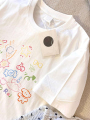 Retro Japanese Cartoon Print Pure Cotton ort Sve Women's T-irt Summer Design Loose Student Top Korean Sle round Ne