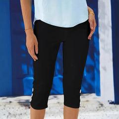 Plus size summer mid waist elastic solid color cropped pants tight, fashionable, sexy button down casual pants for women