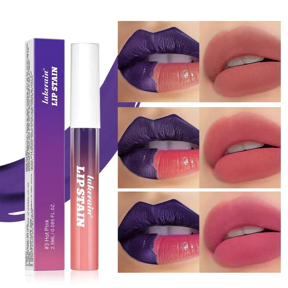 Matte lip tint applicator with hot pink matte swatches on lips and skin.