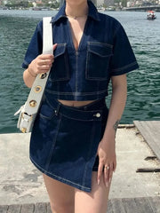 Women’s 2 Piece Denim Outfits Set Short Sleeve Lapel Neck Cropped Jean Pullover Tops + Button High Waist Asymmetrical Shorts