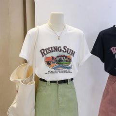 Anti-Aging Cartoon Print ort Sve Women's T-irt Loose Fit Summer Casual round Ne oulder Appropriate Outerwear