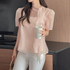 Faionable  Knot ort Sve See-tough Chiffon Top with Tie Ne Design Sweet Loose Fit Polyester Summer irt