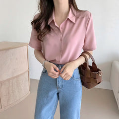 Ele Chiffon irt ort Sve Summer New Loose Collar  Ne White Top Women's Faion Commute Sle Straight Cut