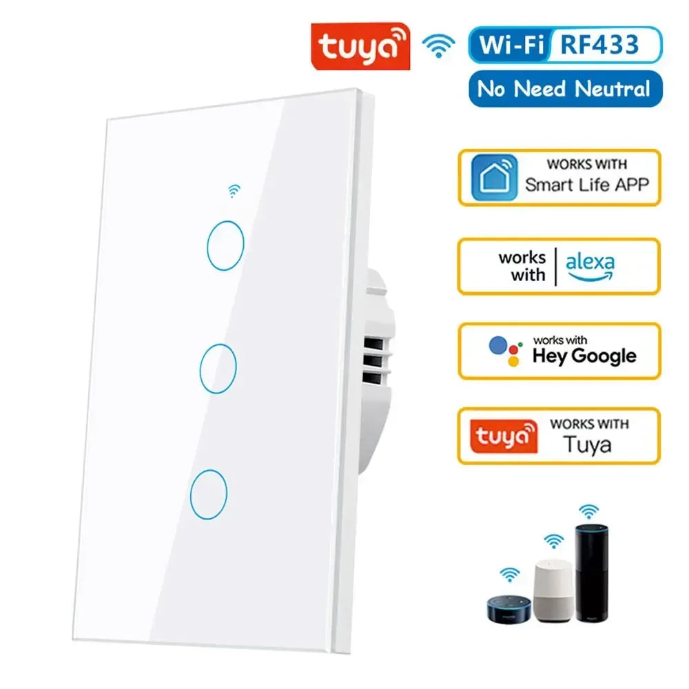 Tuya WiFi RF433 no-neutral smart wall switch with touch buttons and app support