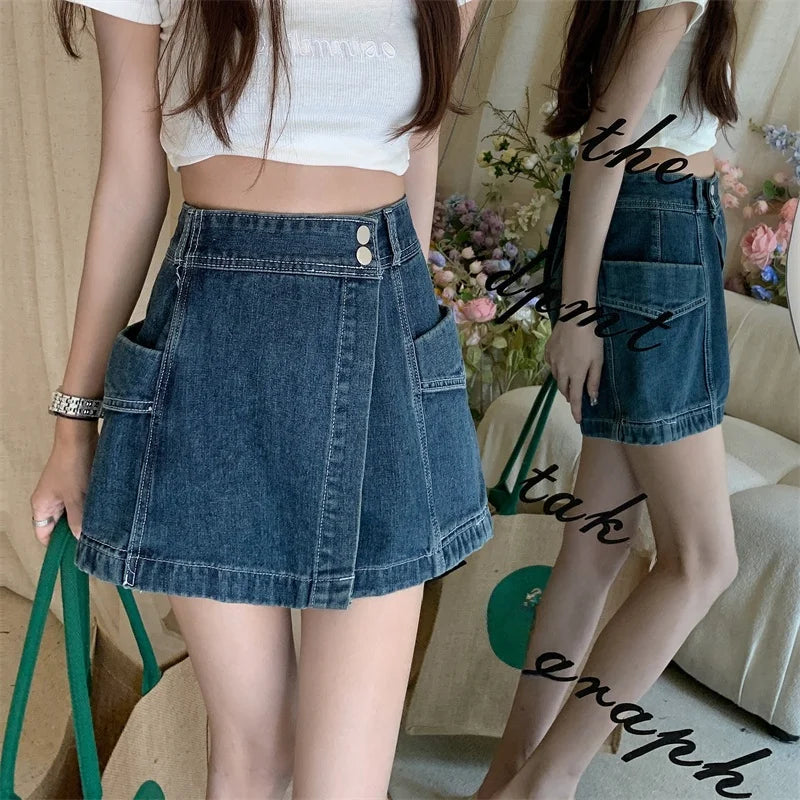 High Waist Slimming Denim  Skirt Summer 2023 Women's plus Size Faionable orts Asymmetrical Jeans Skirt