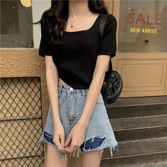 Slim Fit ort Sve Ice Silk Knitted irt Women's Faion Spring Summer Thin Sle Square Collar Princ Sve Top