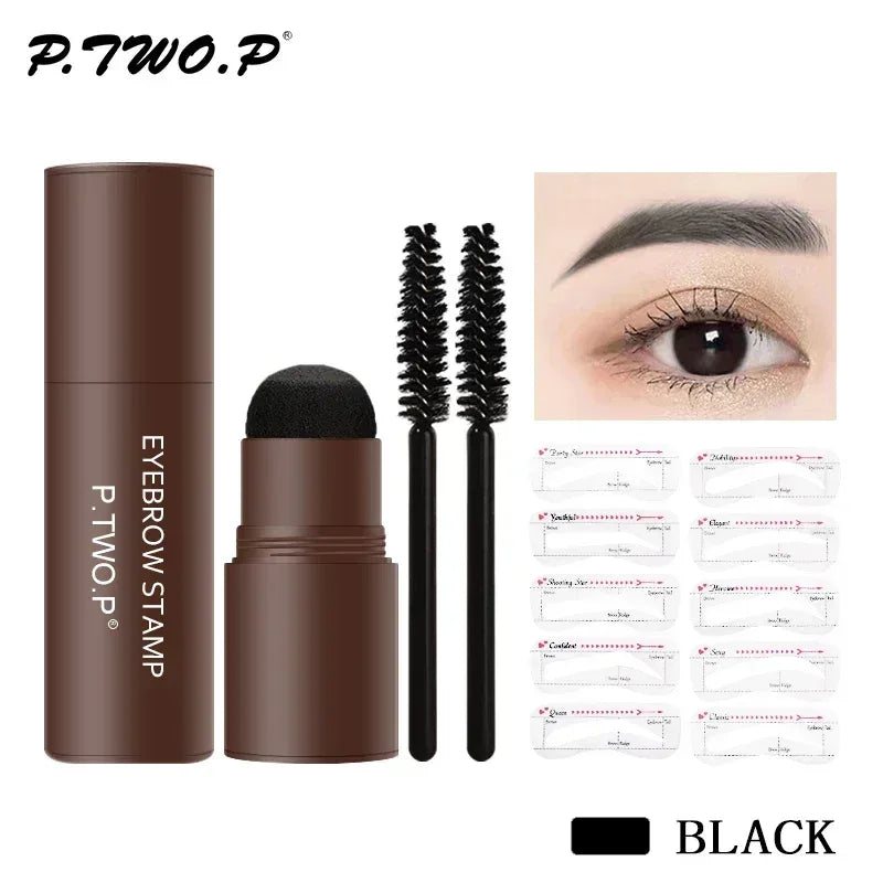 Black eyebrow stamp kit with sponge applicator, two spoolie brushes, and stencil sheets.
