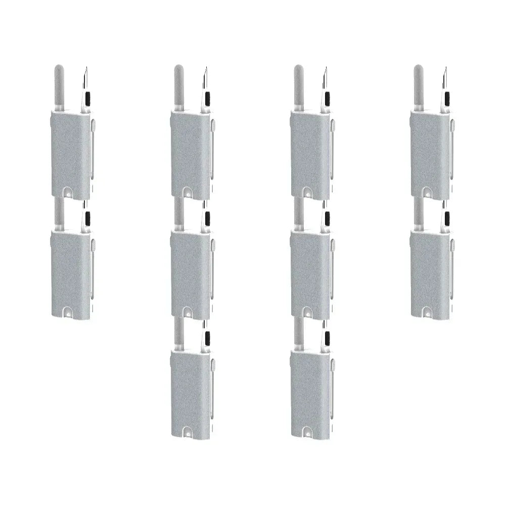 Earphone cleaner brush kit with four stacked gray units, bristle brushes and pen tools