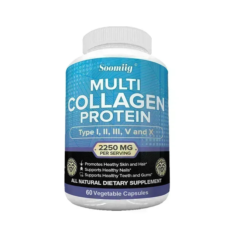 Collagen protein supplement bottle, blue label, 60 vegetable capsules