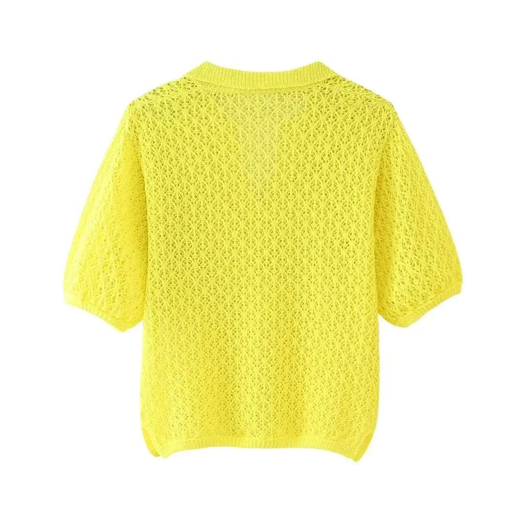 Women Fashion New Short Sleeve Jacquard Mesh Loose Polo Collar Sweater Pullover Tops Chic Female Knit Sweaters Mujer