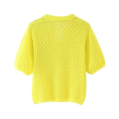 Women Fashion New Short Sleeve Jacquard Mesh Loose Polo Collar Sweater Pullover Tops Chic Female Knit Sweaters Mujer