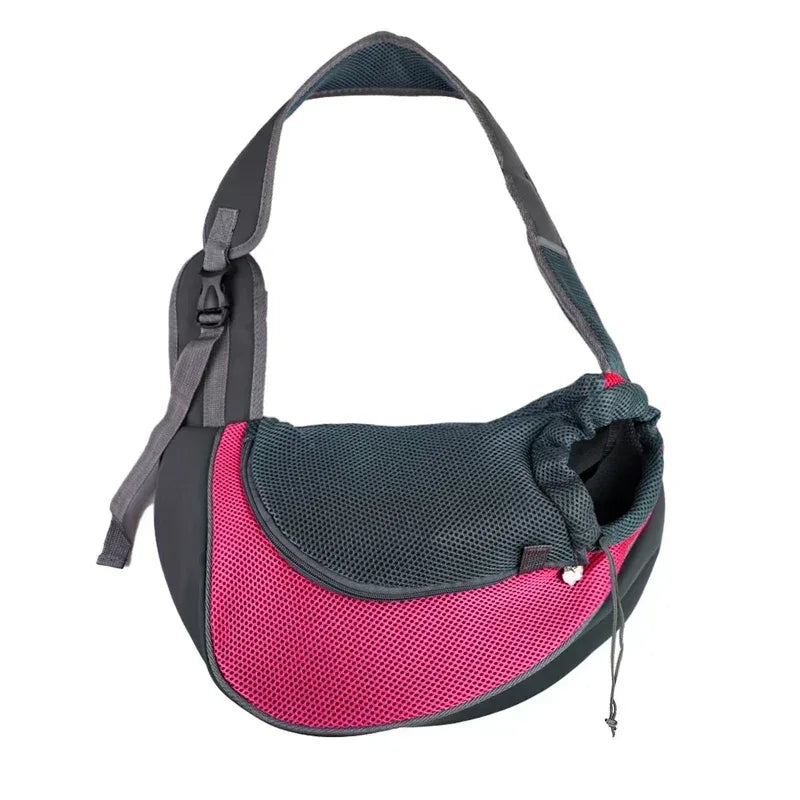 Mesh pet carrier sling bag with adjustable straps, dark gray and hot pink bottom