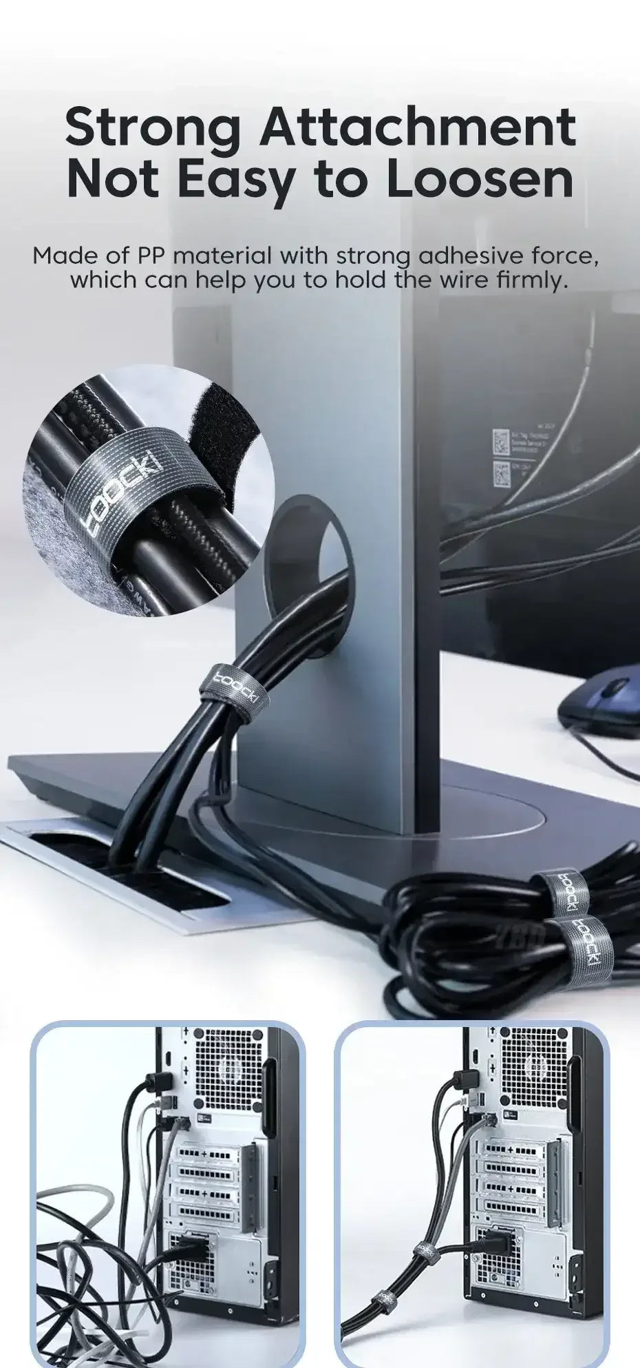 Cable organizer tape with wound cable for managing cords, black