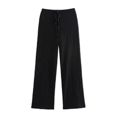 EDSA Women 2 Pcs Set V-Neck Single Breasted Solid Texture Casual Vest Top+High-Waisted Drawstring Wide Leg Pants