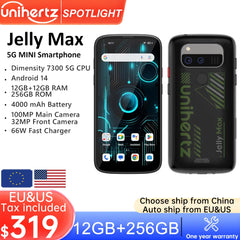 هاتف ذكي Unihertz Jelly Max 5G Mini يعمل بنظام Android 14 ومعالج Dimensity 7300 وذاكرة 12 جيجابايت وذاكرة 256 جيجابايت وكاميرا 100 ميجابكسل وبطارية 4000 مللي أمبير في الساعة وشاشة 5.05 بوصة
