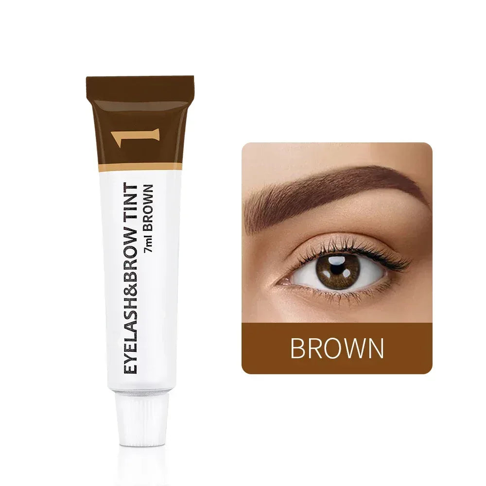 Eyelash and eyebrow tint tube with brown shade and eyebrow application close-up