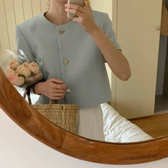 Chic Korean Sle round Ne Metal Single Button Loose ort Sve Outerwear for Women Summer Faion Commute Pure Color