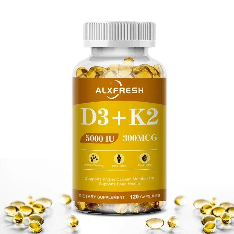 Vitamin D3+K2 supplement bottle with white cap, gold label, 5000 IU 300 mcg