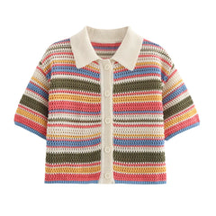 2024 Autumn European And American New Women's Fashion Casual Stripe Printed Short Sleeve Flip Collar Cardigan Casual Shorts Set