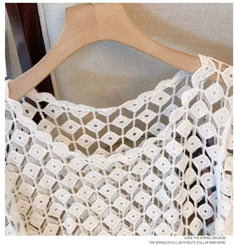 Off-white crochet lace neckline and upper yoke with diamond openwork pattern