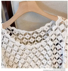 Off-white crochet lace neckline and upper yoke with diamond openwork pattern