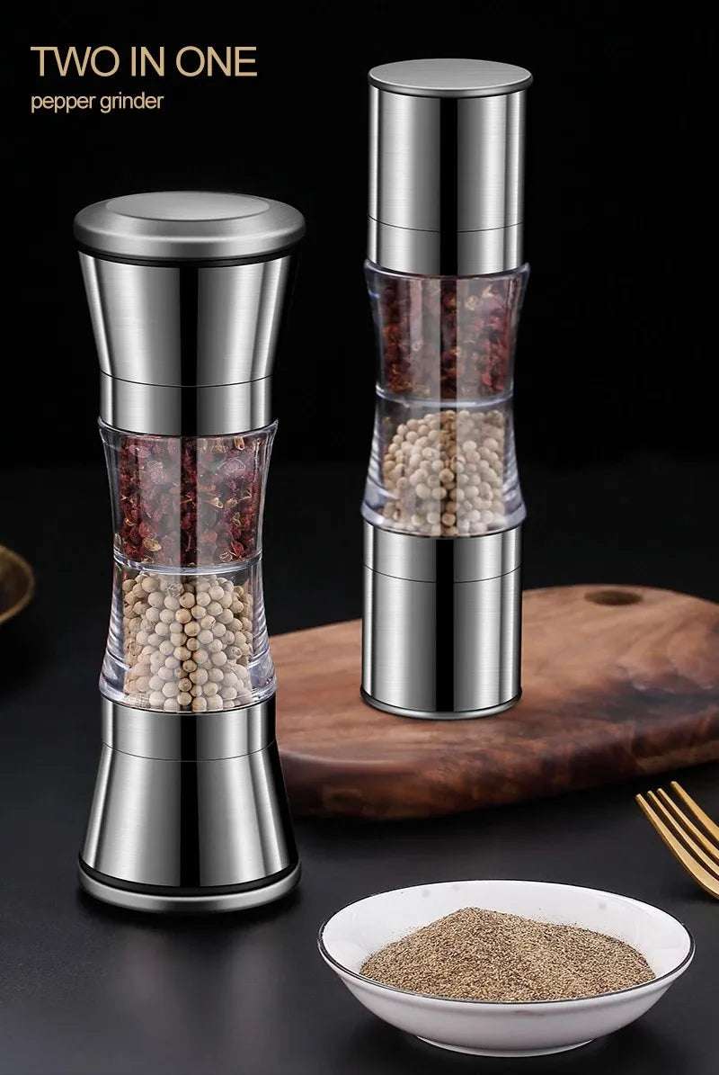 Two-in-one Pepper Grinder Stainless Steel Double-head Kitchen Gadgets Sea Salt Spice Manual Two-head Grinder