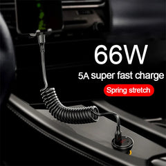 كابل USB Type C 66W Car 5A للشحن السريع من النوع C إلى النوع C كابل تلسكوبي زنبركي لهاتف iPhone 15 Samsung Huawei Xiaomi Redmi OnePlus