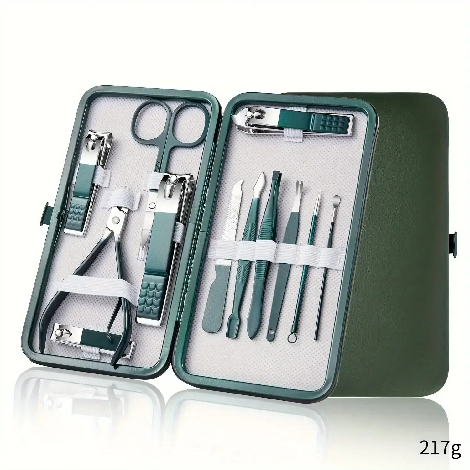 Green nail care kit in open case with clippers, trimmer, scissors, nail file and tools