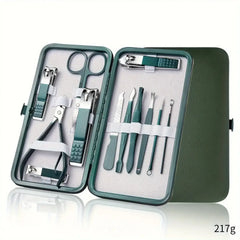 Green nail care kit in open case with clippers, trimmer, scissors, nail file and tools