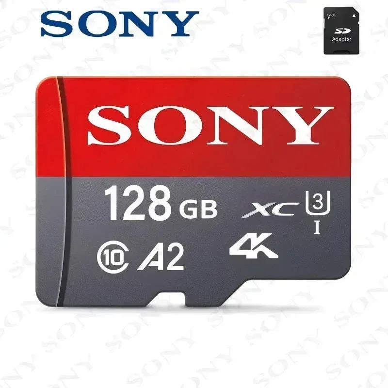Sony 128GB microSD card, XC I A2 flash memory, Class 10