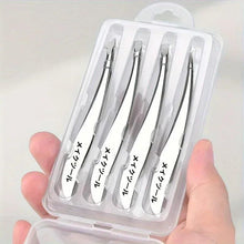 Hand holding clear blister case with four stainless steel tweezers