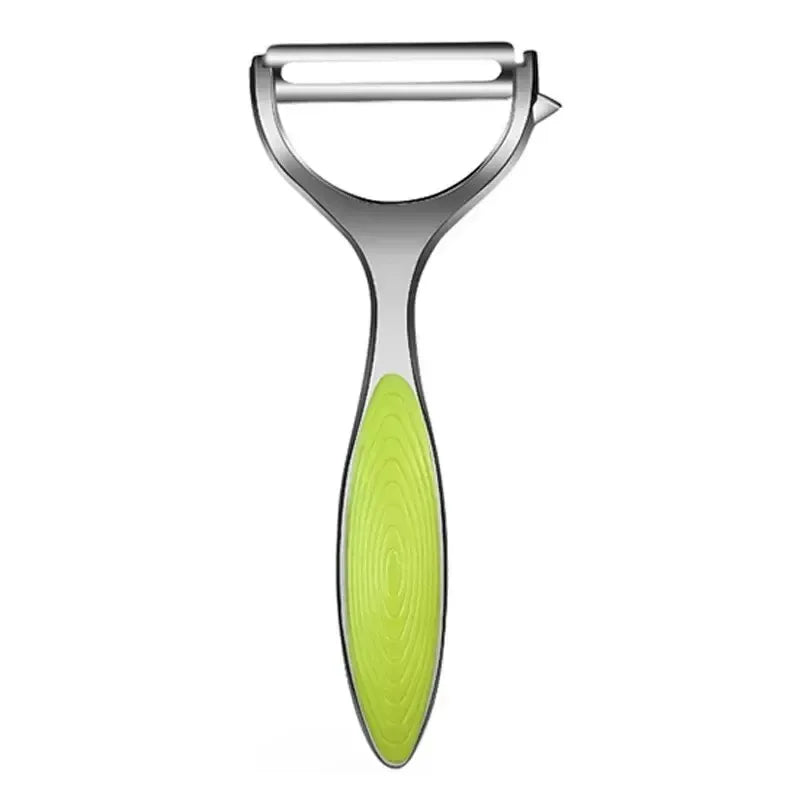 Stainless steel vegetable peeler with green ergonomic handle and straight blade