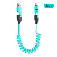 4 in 1 65W Spring Short Data Cable 6A USB Type C Spring Telescopic Quick Charger Wire Spring USB Cable for iPhone 15 14 13 12