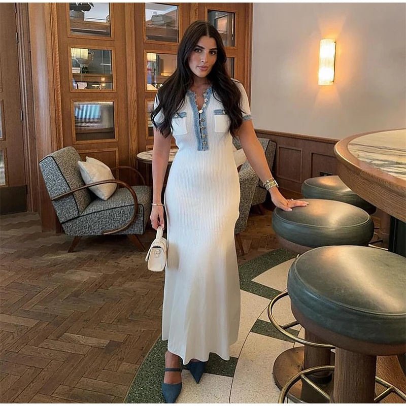 Elegant Denim Patchwork Knitted Long Dress Women Fashion V Neck Short Sleeved Buttons Bodycon Dresses Female White Pockets Robes